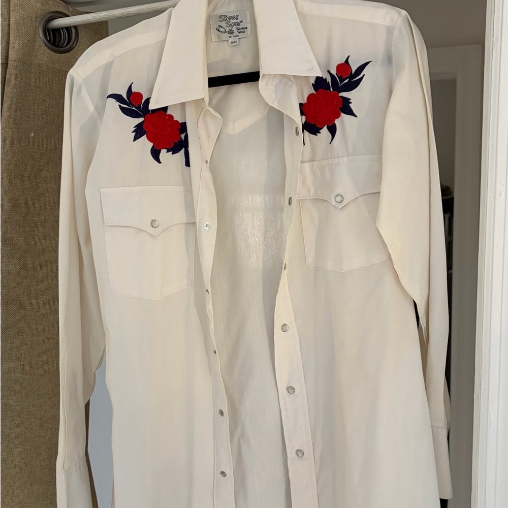 Silver Spur Western Wear - White Cream Shirt with Red and Blue Embroidery Medium
